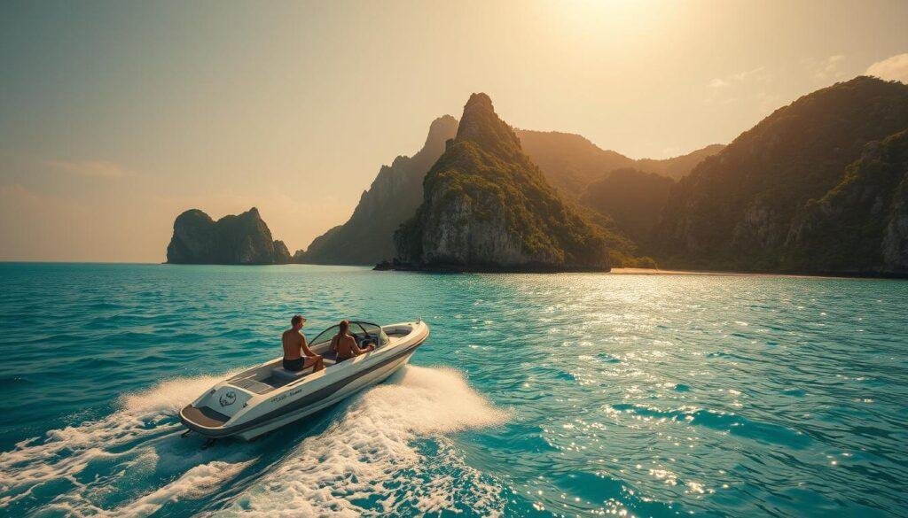 A breathtaking aerial view of a group of friends on a remote tropical getaway, their small boat gliding across crystal-clear turquoise waters towards a lush, verdant island in the distance. The warm sun casts a soft golden glow over the rugged cliffs and white-sand beaches, as the group takes in the serene, unspoiled landscape. In the foreground, the sleek, modern boat cuts through the gentle waves, its occupants filled with a sense of adventure and wonder. The overall scene evokes a mood of tranquility, exploration, and the joy of shared experience in a truly stunning natural setting. A breathtaking aerial view of a group of friends on a remote tropical getaway, their small boat gliding across crystal-clear turquoise waters towards a lush, verdant island in the distance. The warm sun casts a soft golden glow over the rugged cliffs and white-sand beaches, as the group takes in the serene, unspoiled landscape. In the foreground, the sleek, modern boat cuts through the gentle waves, its occupants filled with a sense of adventure and wonder. The overall scene evokes a mood of tranquility, exploration, and the joy of shared experience in a truly stunning natural setting.