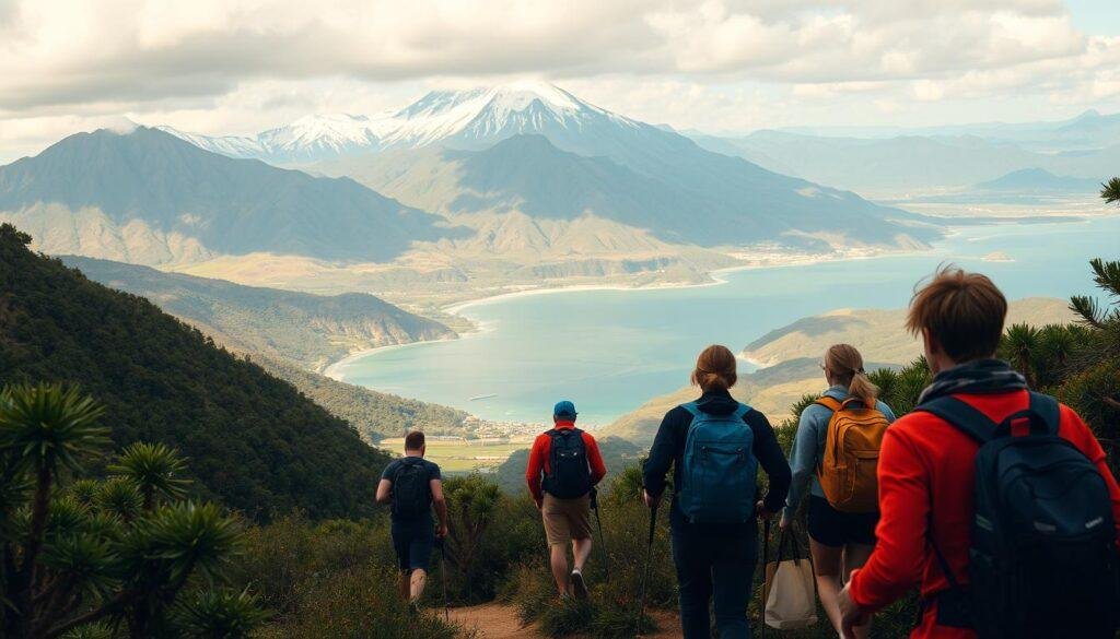 A group of friends embarking on an outdoor adventure, surrounded by lush, verdant landscapes. In the foreground, hikers traverse a winding path, their backpacks and trekking gear visible. In the middle ground, a majestic mountain range rises, its peaks capped with snow and bathed in warm, golden light. In the background, a picturesque coastal view unfolds, with rolling hills and pristine, turquoise waters. The scene is captured with a wide-angle lens, emphasizing the sense of scale and grandeur. The mood is one of camaraderie, exploration, and awe-inspiring natural beauty. A group of friends embarking on an outdoor adventure, surrounded by lush, verdant landscapes. In the foreground, hikers traverse a winding path, their backpacks and trekking gear visible. In the middle ground, a majestic mountain range rises, its peaks capped with snow and bathed in warm, golden light. In the background, a picturesque coastal view unfolds, with rolling hills and pristine, turquoise waters. The scene is captured with a wide-angle lens, emphasizing the sense of scale and grandeur. The mood is one of camaraderie, exploration, and awe-inspiring natural beauty.