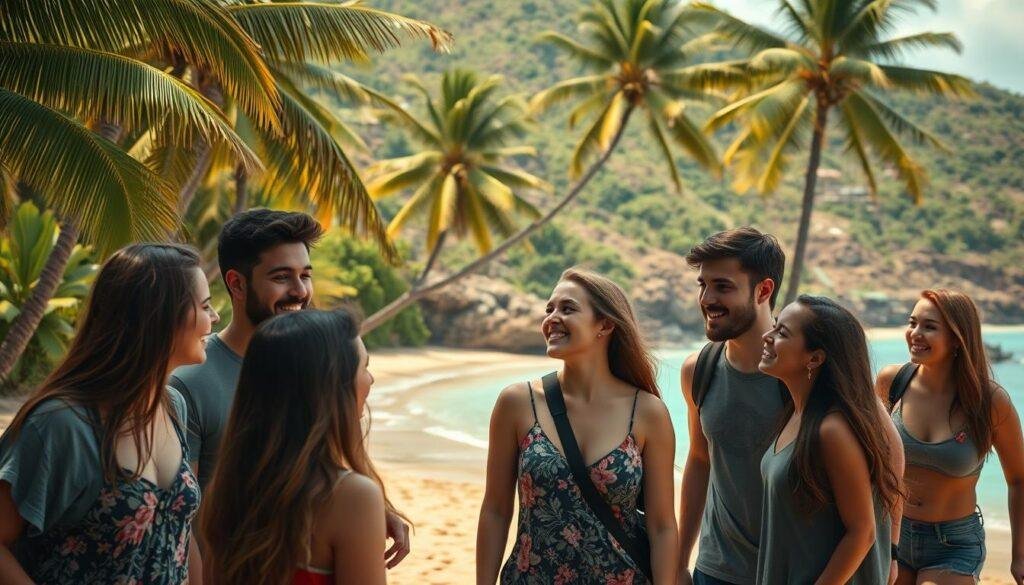 A group of young adults exploring a lush, tropical island landscape. In the foreground, friends engage in lively conversation, their expressions animated as they share stories and laughter. The middle ground features a stunning beach scene, with golden sands and vibrant blue waters that beckon for a refreshing swim. In the background, towering palm trees sway gently in the warm breeze, creating a serene and inviting atmosphere. The scene is bathed in soft, natural lighting, conveying a sense of adventure, relaxation, and camaraderie. The overall mood is one of youthful exploration, bonding, and the joy of discovering new destinations together. A group of young adults exploring a lush, tropical island landscape. In the foreground, friends engage in lively conversation, their expressions animated as they share stories and laughter. The middle ground features a stunning beach scene, with golden sands and vibrant blue waters that beckon for a refreshing swim. In the background, towering palm trees sway gently in the warm breeze, creating a serene and inviting atmosphere. The scene is bathed in soft, natural lighting, conveying a sense of adventure, relaxation, and camaraderie. The overall mood is one of youthful exploration, bonding, and the joy of discovering new destinations together.