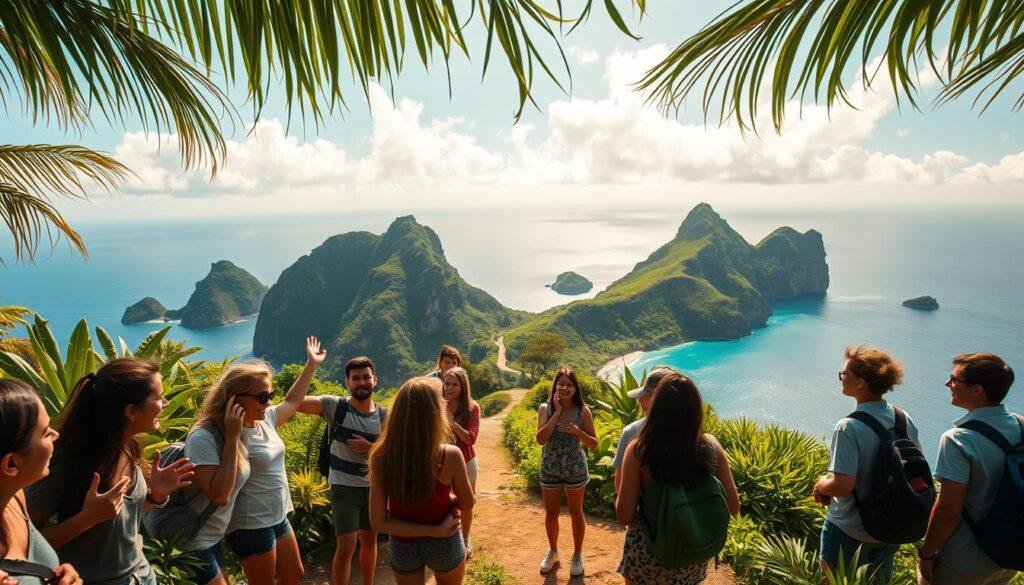 A group of young adults exploring a lush, tropical landscape, their energy and enthusiasm palpable. In the foreground, students eagerly gather, gesturing and laughing as they take in the vibrant scenery around them. The middle ground reveals a winding path leading to a towering cliff, its rugged face casting long shadows. In the distance, the azure ocean glimmers, islands dotting the horizon like emerald jewels. Soft, golden sunlight filters through wispy clouds, illuminating the scene with a sense of adventure and discovery. The composition captures the spirit of camaraderie and the thrill of new experiences, inviting the viewer to join the students on their captivating journey. A group of young adults exploring a lush, tropical landscape, their energy and enthusiasm palpable. In the foreground, students eagerly gather, gesturing and laughing as they take in the vibrant scenery around them. The middle ground reveals a winding path leading to a towering cliff, its rugged face casting long shadows. In the distance, the azure ocean glimmers, islands dotting the horizon like emerald jewels. Soft, golden sunlight filters through wispy clouds, illuminating the scene with a sense of adventure and discovery. The composition captures the spirit of camaraderie and the thrill of new experiences, inviting the viewer to join the students on their captivating journey.