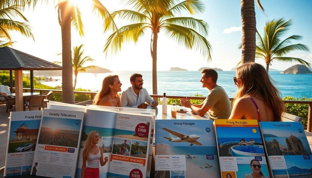 A scenic beachfront resort, with a group of friends gathered around a table overlooking the ocean. The warm, golden sunlight filters through the palm trees, casting a soft glow over the scene. In the foreground, a display of various travel brochures and discounted group packages, highlighting enticing destinations and activities. In the middle ground, the friends are engaged in lively conversation, planning their next adventure. The background features a panoramic view of the crystal-clear waters and distant islands, evoking a sense of wanderlust and the promise of unforgettable experiences. The overall mood is one of camaraderie, relaxation, and the joy of shared exploration. A scenic beachfront resort, with a group of friends gathered around a table overlooking the ocean. The warm, golden sunlight filters through the palm trees, casting a soft glow over the scene. In the foreground, a display of various travel brochures and discounted group packages, highlighting enticing destinations and activities. In the middle ground, the friends are engaged in lively conversation, planning their next adventure. The background features a panoramic view of the crystal-clear waters and distant islands, evoking a sense of wanderlust and the promise of unforgettable experiences. The overall mood is one of camaraderie, relaxation, and the joy of shared exploration.