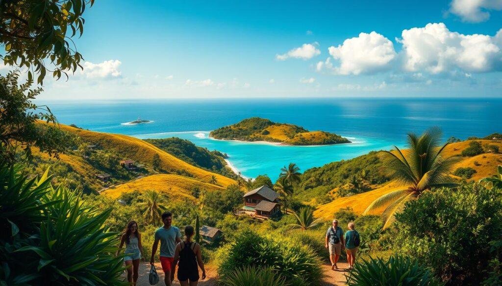 A sun-dappled tropical paradise, where rolling hills and azure waters converge. Lush, verdant foliage frames the scene, inviting visitors to immerse themselves in the vibrant, laid-back ambiance. At the forefront, a group of friends explores a scenic trail, their laughter and camaraderie echoing through the serene landscape. In the middle ground, a cluster of cozy cabins nestled among the treetops, offering a tranquil retreat from the stresses of everyday life. The background is dominated by the shimmering expanse of the ocean, its gentle waves lapping against the pristine shores of a nearby island. The warm, golden glow of the sun casts a soft, dreamlike quality over the entire scene, creating a sense of timeless, unparalleled beauty. A sun-dappled tropical paradise, where rolling hills and azure waters converge. Lush, verdant foliage frames the scene, inviting visitors to immerse themselves in the vibrant, laid-back ambiance. At the forefront, a group of friends explores a scenic trail, their laughter and camaraderie echoing through the serene landscape. In the middle ground, a cluster of cozy cabins nestled among the treetops, offering a tranquil retreat from the stresses of everyday life. The background is dominated by the shimmering expanse of the ocean, its gentle waves lapping against the pristine shores of a nearby island. The warm, golden glow of the sun casts a soft, dreamlike quality over the entire scene, creating a sense of timeless, unparalleled beauty.