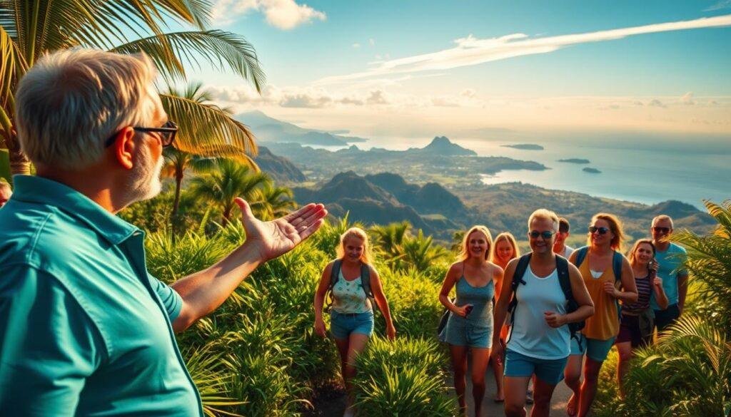 A vibrant, sun-dappled scene of a group of adventurous travelers embarking on a guided tour through the lush, verdant landscapes of a tropical island paradise. In the foreground, a knowledgeable tour guide gestures animatedly, leading the eager group along a winding trail flanked by towering palms and vibrant foliage. The middle ground features the diverse group of tourists, their expressions a mix of curiosity and delight as they take in the stunning vistas surrounding them. In the background, a panoramic view of rolling hills, azure waters, and distant volcanic peaks creates a breathtaking backdrop, bathed in the warm glow of golden hour lighting. The overall atmosphere evokes a sense of exploration, discovery, and the joy of shared experiences within the natural beauty of a tropical paradise. A vibrant, sun-dappled scene of a group of adventurous travelers embarking on a guided tour through the lush, verdant landscapes of a tropical island paradise. In the foreground, a knowledgeable tour guide gestures animatedly, leading the eager group along a winding trail flanked by towering palms and vibrant foliage. The middle ground features the diverse group of tourists, their expressions a mix of curiosity and delight as they take in the stunning vistas surrounding them. In the background, a panoramic view of rolling hills, azure waters, and distant volcanic peaks creates a breathtaking backdrop, bathed in the warm glow of golden hour lighting. The overall atmosphere evokes a sense of exploration, discovery, and the joy of shared experiences within the natural beauty of a tropical paradise.