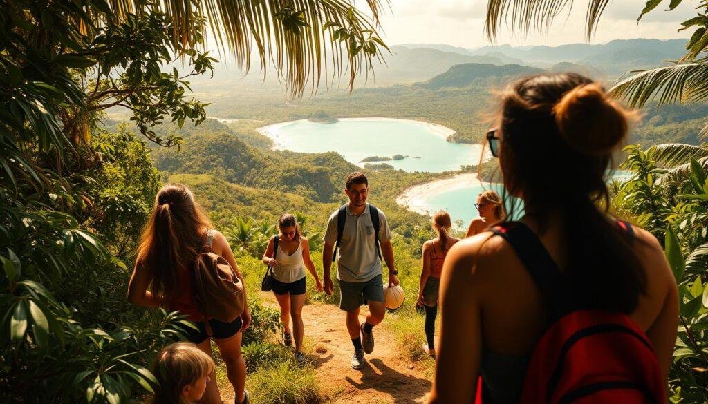 detailed bespoke group tour in a scenic tropical setting, with a small group of people exploring a lush, vibrant landscape. In the foreground, several travelers are engaged in an immersive activity, such as hiking through a dense forest or snorkeling in a turquoise ocean. The middle ground features a tour guide leading the group, with a panoramic backdrop of rolling hills, pristine beaches, and vibrant greenery. The lighting is warm and natural, creating a sense of adventure and exploration. The overall mood is one of excitement, discovery, and connection, reflecting the article's focus on finding the right organiser for group organized trips. detailed bespoke group tour in a scenic tropical setting, with a small group of people exploring a lush, vibrant landscape. In the foreground, several travelers are engaged in an immersive activity, such as hiking through a dense forest or snorkeling in a turquoise ocean. The middle ground features a tour guide leading the group, with a panoramic backdrop of rolling hills, pristine beaches, and vibrant greenery. The lighting is warm and natural, creating a sense of adventure and exploration. The overall mood is one of excitement, discovery, and connection, reflecting the article's focus on finding the right organiser for group organized trips.